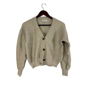 Ribbed V Neck Button Up Cardigan Tan Neutral Casual‎ Lounge Size Large